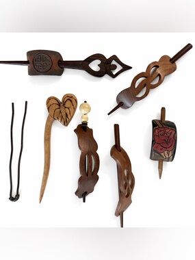 Vintage & new- Seven hair bun accessories- hair hair pin- wood, metal, bead.